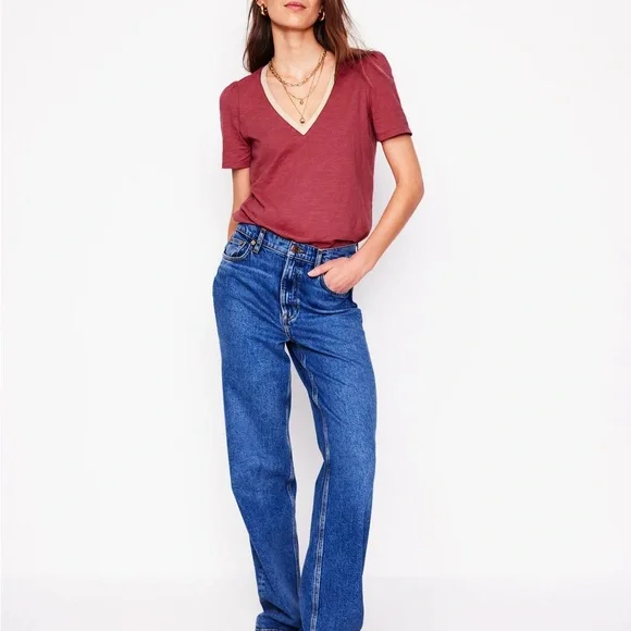 Boden Red and Metallic Gold V-Neck Short Sleeve Tee - Picture 2 of 10